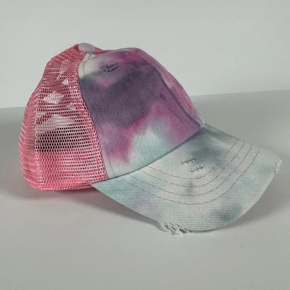 CC Kids Pink Tie Dye Distressed Baseball Cap Criss Cross‎ Ponytail Trucker Hat